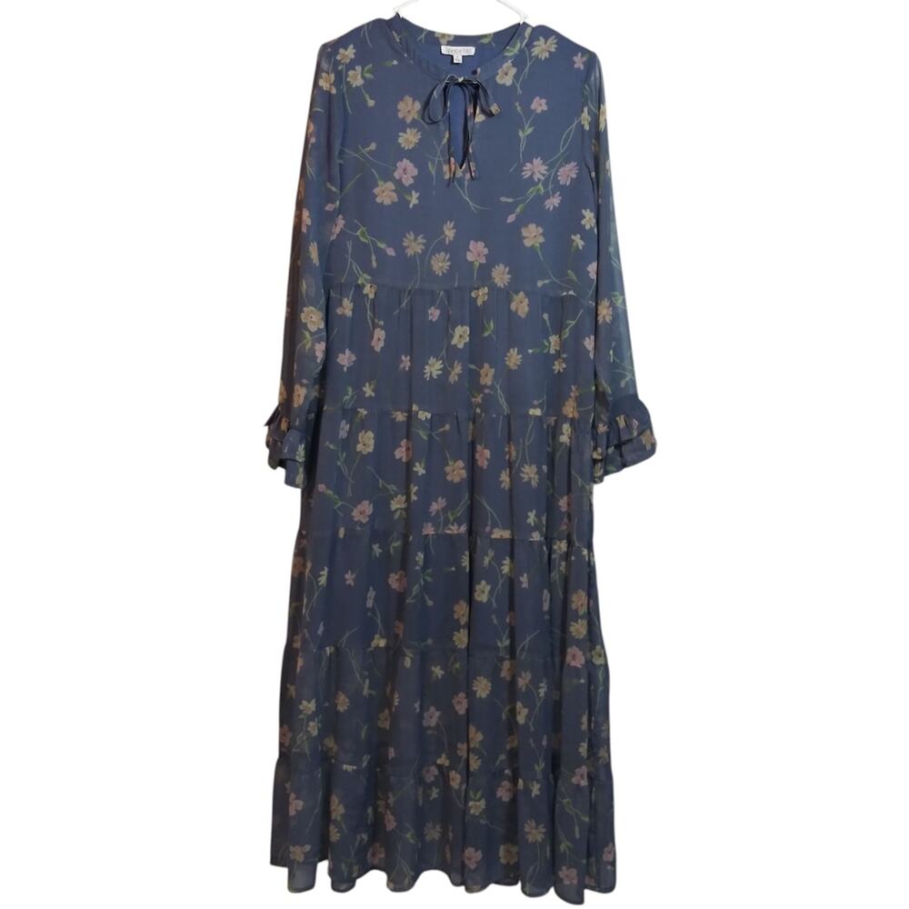 Patrons of Peace Blue Floral Bishop Sleeve Midi Semi Sheer Size M